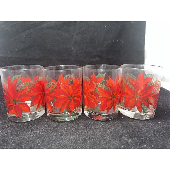 4 Culver Poinsettia Double Old Fashioned Glasses - Picture 1 of 6